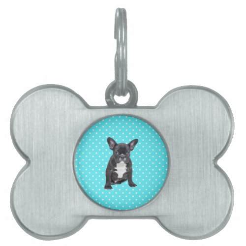 Cute French Bulldog Puppy Blue Polka Dots Pet ID Tag