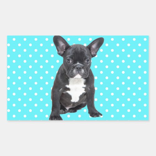 Cute French Bulldog Puppy Blue Polka Dots Rectangular Sticker