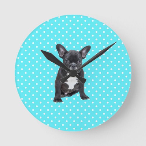 Cute French Bulldog Puppy Blue Polka Dots Round Clock