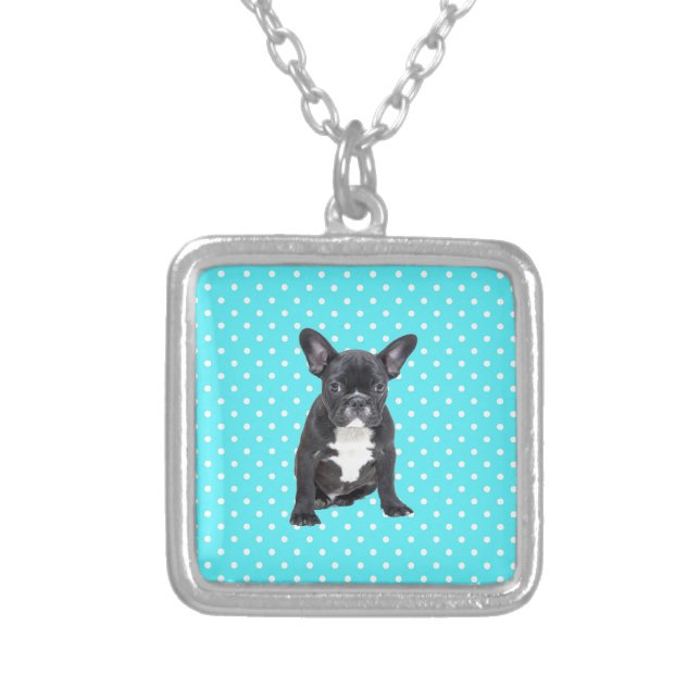 Cute French Bulldog Puppy Blue Polka Dots Silver Plated Necklace (Front)