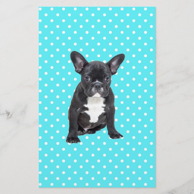 Cute French Bulldog Puppy Blue Polka Dots Stationery (Front)