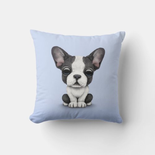 Cute French Bulldog Puppy Dog on Light Blue Throw Pillow