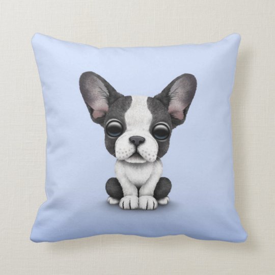 Cute French Bulldog Puppy Dog on Light Blue Throw Pillow ...