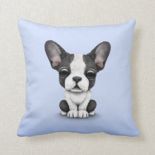 Cute French Bulldog Puppy Dog on Light Blue Throw Pillow