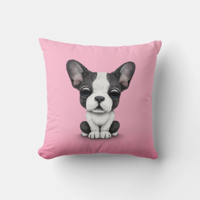 Cute French Bulldog Puppy Dog on Pink Throw Pillow (Front)