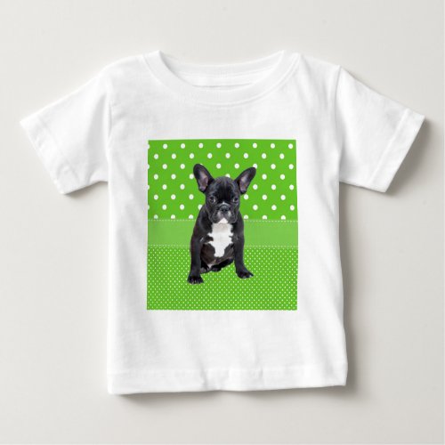 Cute French Bulldog Puppy Green Polka Dots Baby T_Shirt