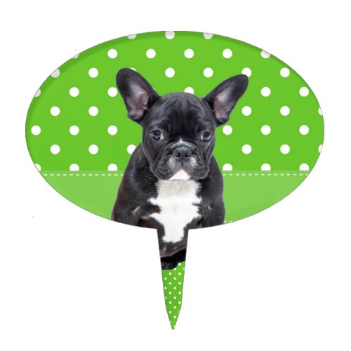 Cute French Bulldog Puppy Green Polka Dots Cake Topper