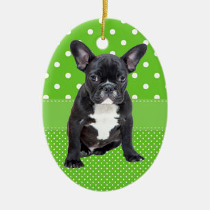 Cute French Bulldog Puppy Green Polka Dots Ceramic Ornament