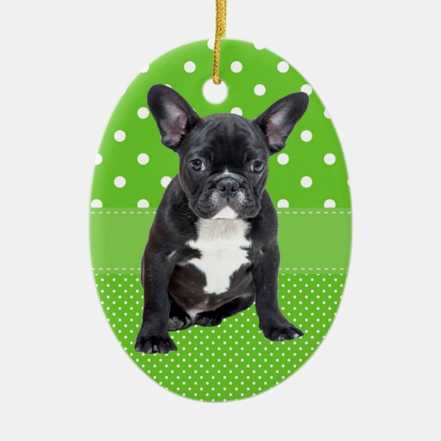 Cute French Bulldog Puppy Green Polka Dots Ceramic Ornament (Front)
