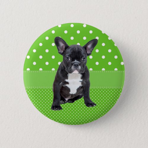 Cute French Bulldog Puppy Green Polka Dots Pinback Button
