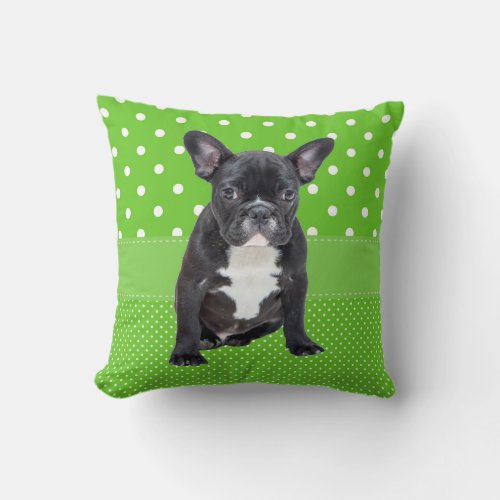 Cute French Bulldog Puppy Green Polka Dots Throw Pillow