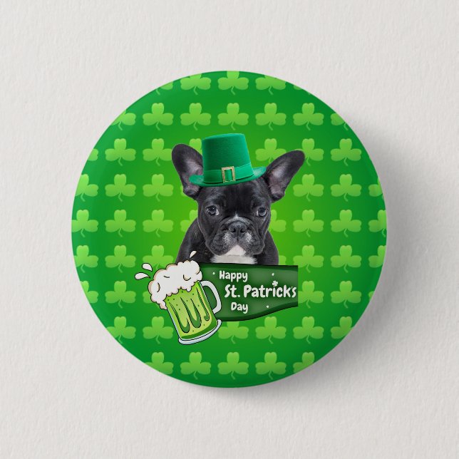 Cute French Bulldog Puppy Hat St. Patrick Day Button (Front)