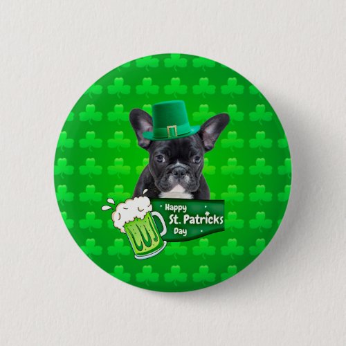 Cute French Bulldog Puppy Hat St Patrick Day Button