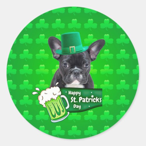 Cute French Bulldog Puppy Hat St Patrick Day Classic Round Sticker