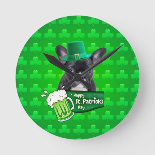 Cute French Bulldog Puppy Hat St Patrick Day Round Clock