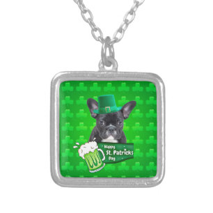 Cute French Bulldog Puppy Hat St. Patrick Day Silver Plated Necklace
