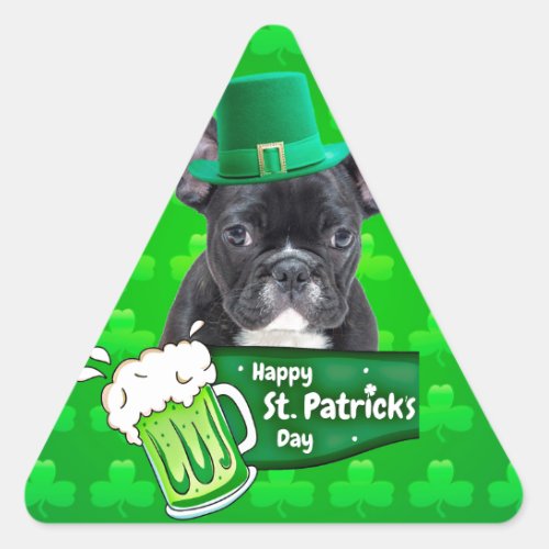Cute French Bulldog Puppy Hat St Patrick Day Triangle Sticker