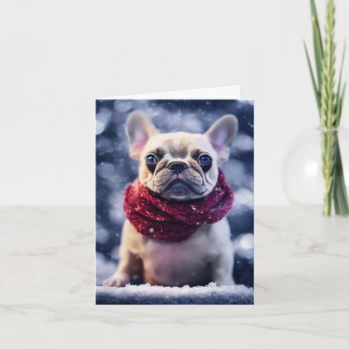 Cute French Bulldog Puppy in a Green Winter Scarf Card