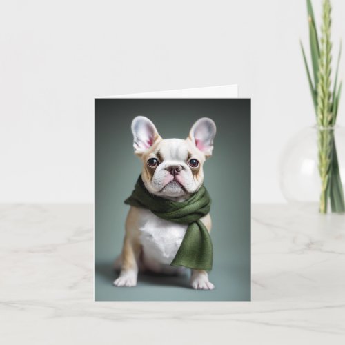 Cute French Bulldog Puppy in a Green Winter Scarf Card