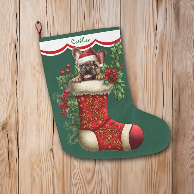 Cute French Bulldog Puppy Peeking Large Christmas Stocking (Creator Uploaded)