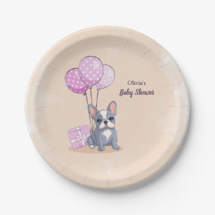 Cute French Bulldog Puppy Pink Balloon Baby Shower Paper Plates