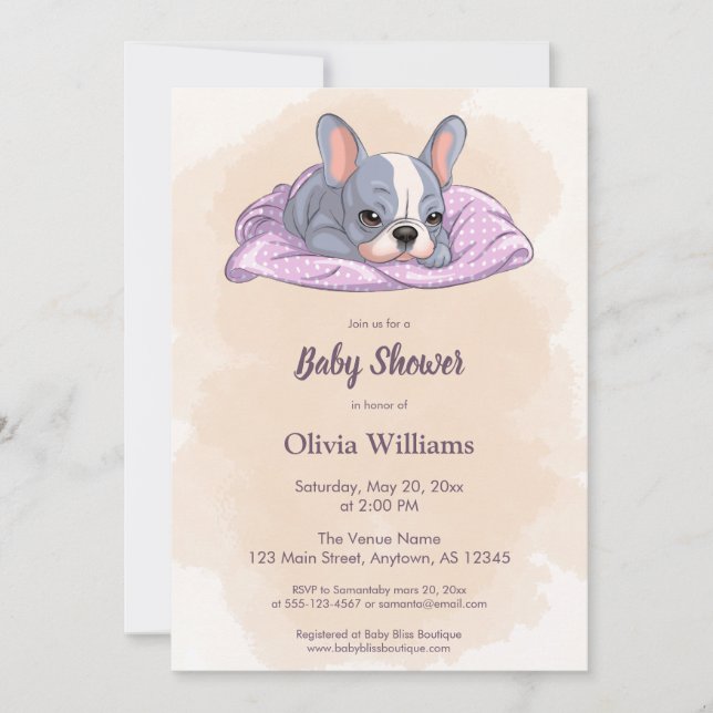 Cute French Bulldog Puppy Pink Blanket Baby Shower Invitation (Front)