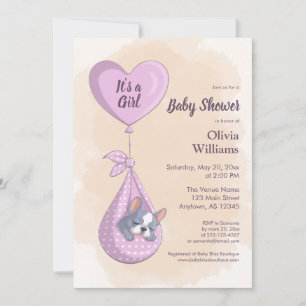 Cute French Bulldog Puppy Pink Heart Baby Shower Invitation