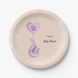 Cute French Bulldog Puppy Pink Heart Baby Shower Paper Plates