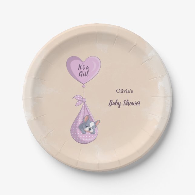 Cute French Bulldog Puppy Pink Heart Baby Shower Paper Plates (Front)