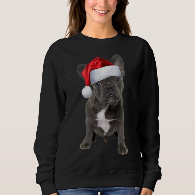 Cute French Bulldog Puppy Santa Hat Fun Christmas Sweatshirt (Front)