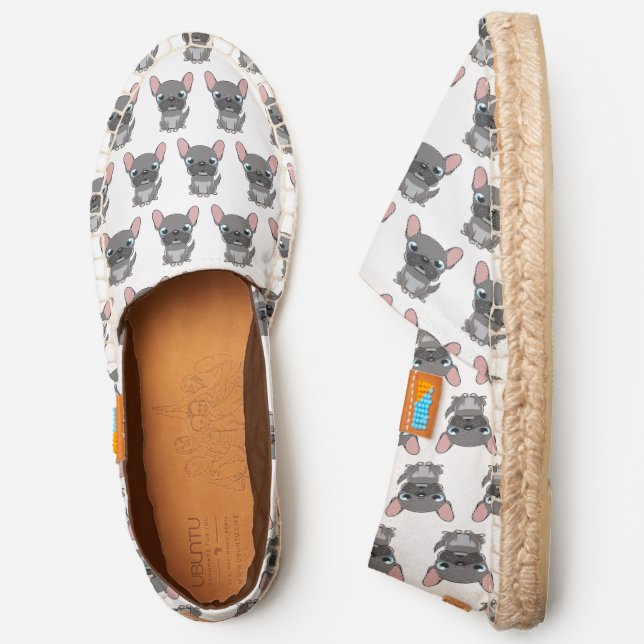 Cute French Bulldog Puppy Sitting, White Canvas Espadrilles (Side)
