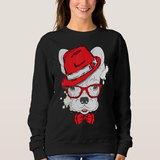 Cute French Bulldog Puppy Wear A Hat And Glasses Sweatshirt (Front)