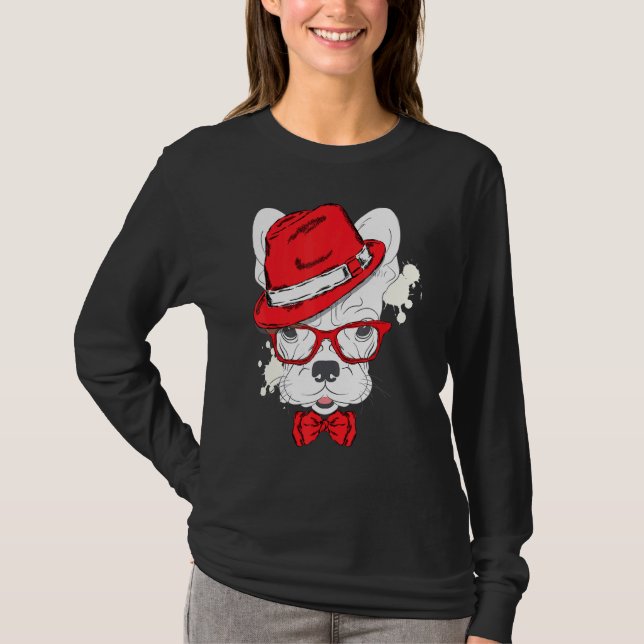 Cute French Bulldog Puppy Wear A Hat And Glasses T-Shirt (Front)