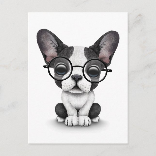 Cute French Bulldog Puppy with Glasses, white Postcard (Front)