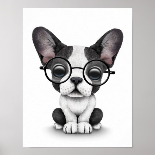 Cute French Bulldog Puppy with Glasses white Poster