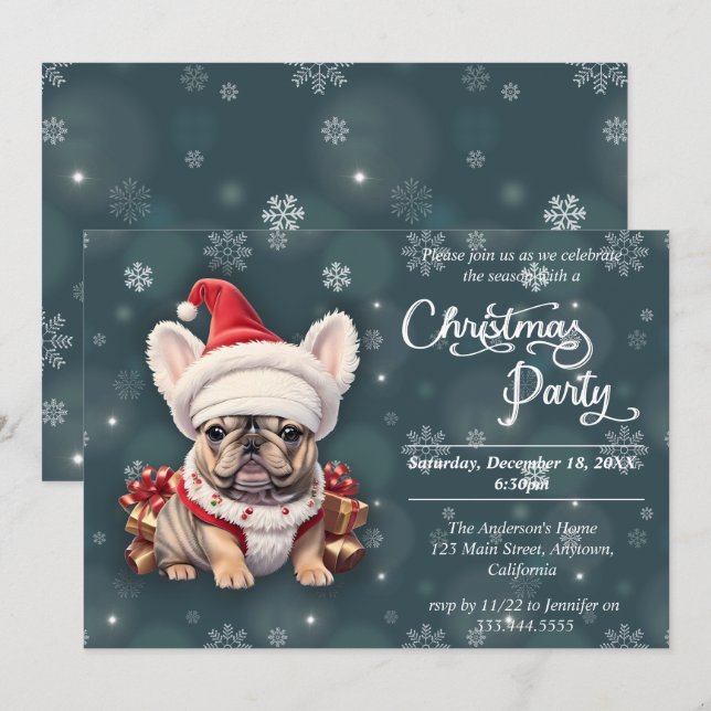 Cute French Bulldog Qanta Hat Christmas Party Invitation (Front/Back)
