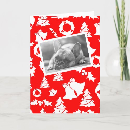 Cute French Bulldog Red Christmas Tree Bell Wreath Holiday Card