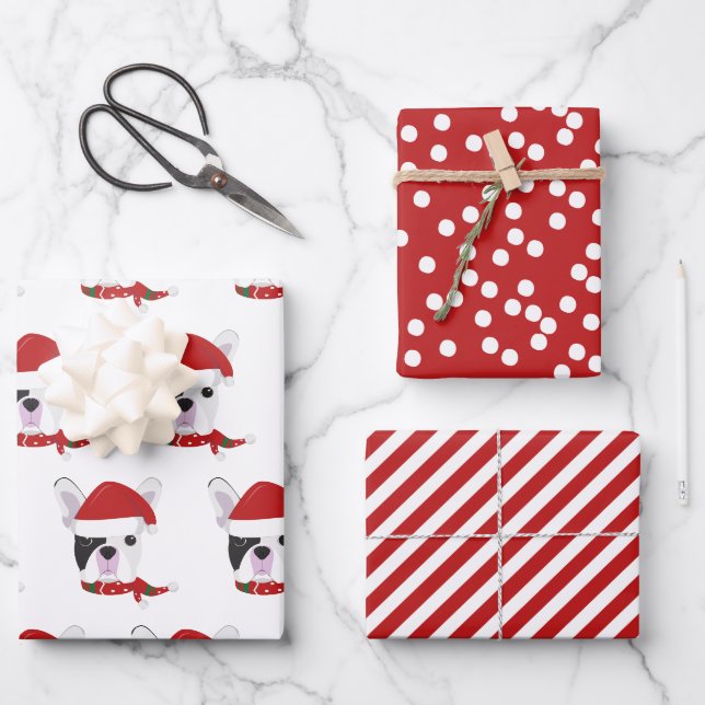 Cute French Bulldog & Red Striped Christmas Wrapping Paper Sheets (Front)