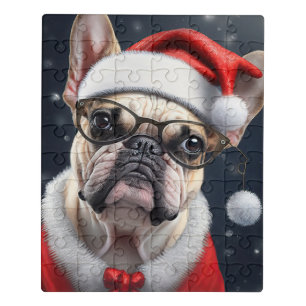 Cute French Bulldog Santa Christmas Holiday Design Jigsaw Puzzle