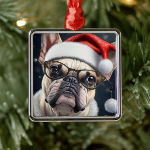 Cute French Bulldog Santa Christmas Holiday Design Metal Ornament