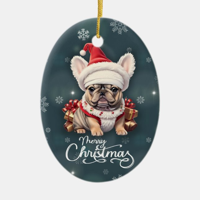 Cute French Bulldog Santa Hat Merry Christmas Ceramic Ornament (Front)