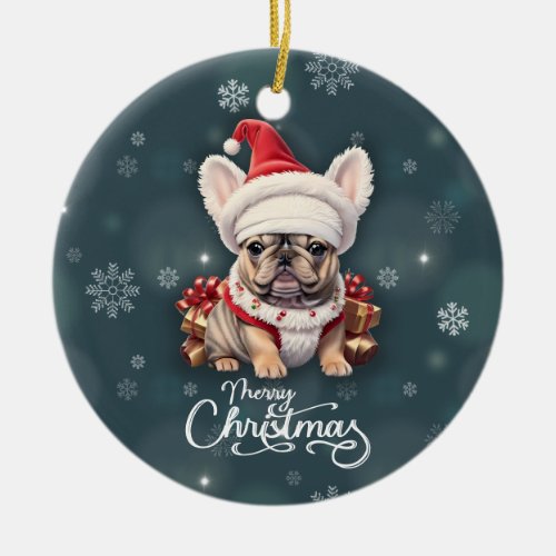 Cute French Bulldog Santa Hat Merry Christmas Ceramic Ornament