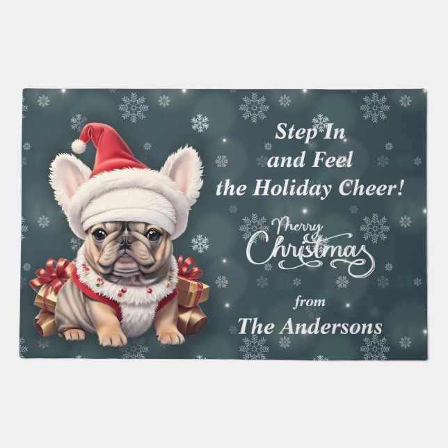 Cute French Bulldog Santa Hat Merry Christmas Doormat (Front)