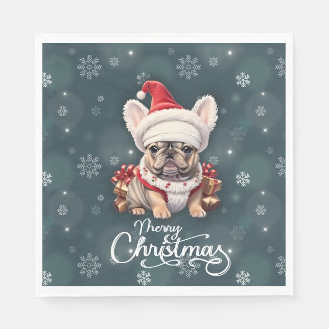 Cute French Bulldog Santa Hat Merry Christmas Napkins (Front)