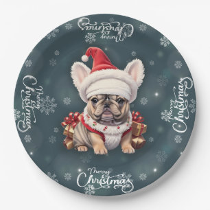 Cute French Bulldog Santa Hat Merry Christmas Paper Plates