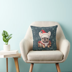 Cute French Bulldog Santa Hat Merry Christmas Throw Pillow
