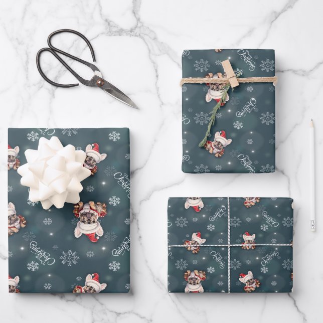 Cute French Bulldog Santa Hat Merry Christmas Wrapping Paper Sheets (Front)