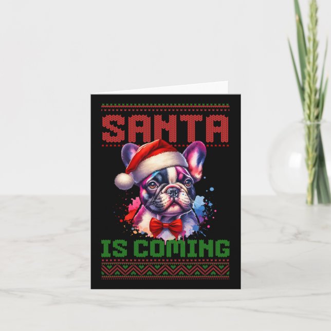 Cute French Bulldog Santa Hat Ugly Christmas Holid Card (Front)