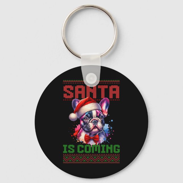Cute French Bulldog Santa Hat Ugly Christmas Holid Keychain (Front)