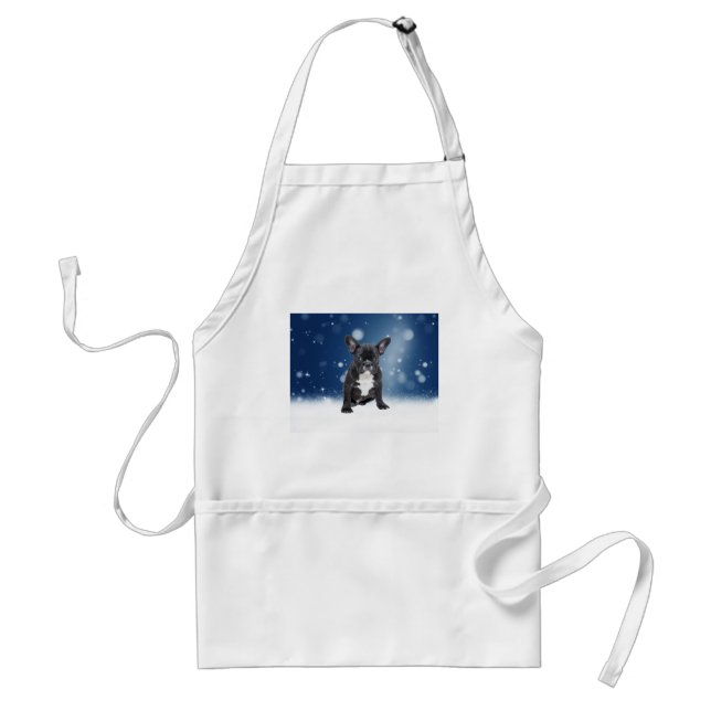 Cute French Bulldog Snow Stars Blue Christmas Adult Apron (Front)